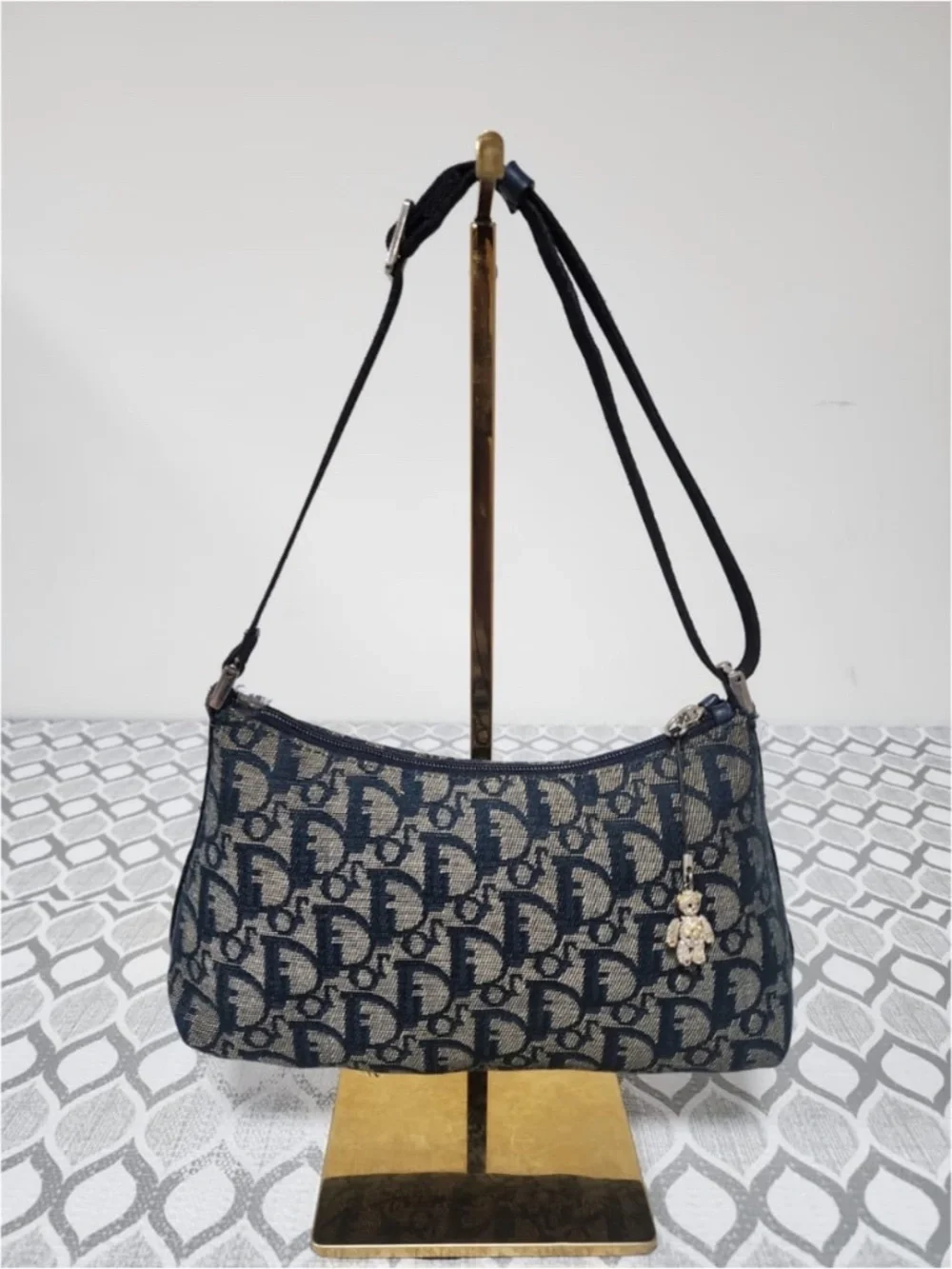 Authentic CHRISTIAN DIOR Denim Logo Pochette Bag Black/Beige